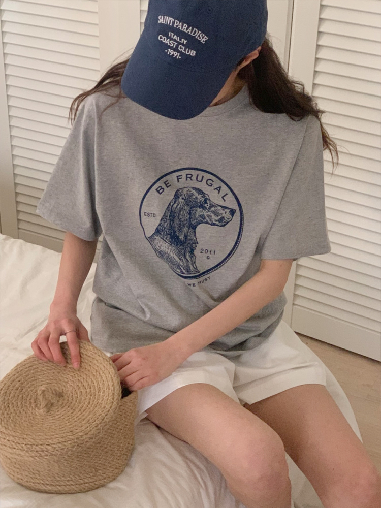 루즈핏 빈티지 퍼피 프린팅 티셔츠 레터링 여름 여성 티셔츠 면 라운드 여자 반팔티 - 상세 이미지 4