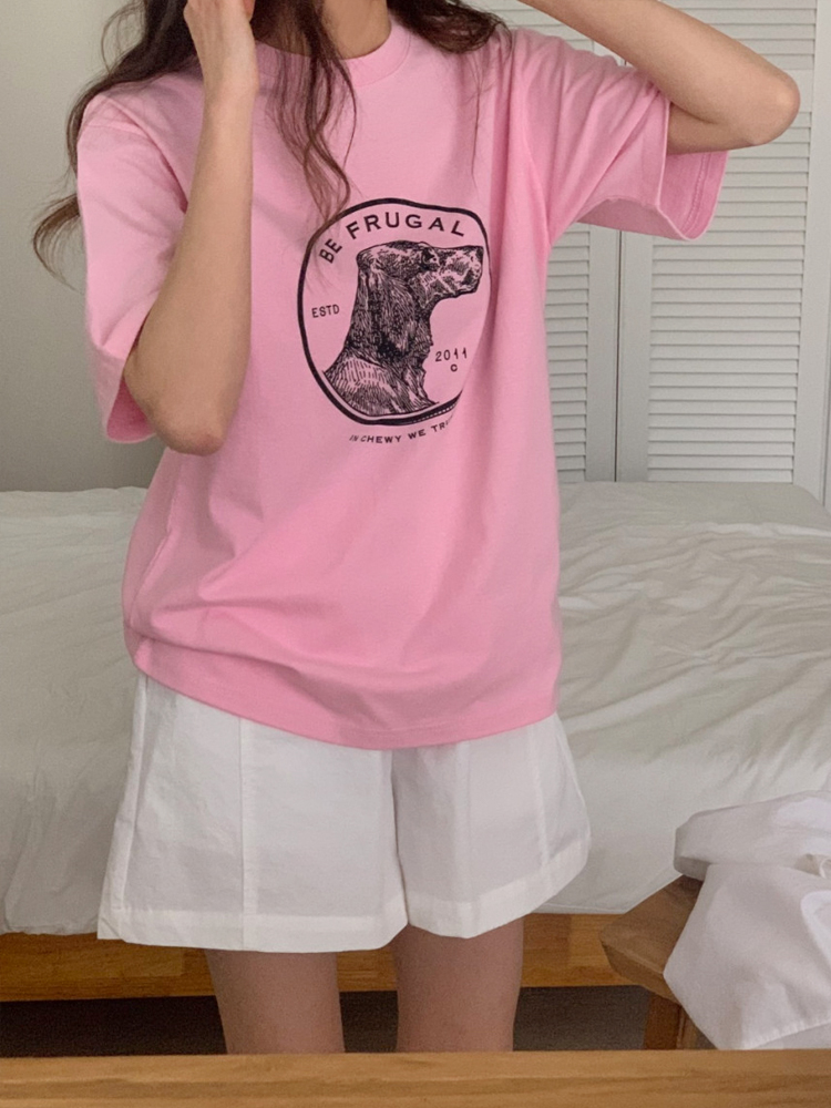 루즈핏 빈티지 퍼피 프린팅 티셔츠 레터링 여름 여성 티셔츠 면 라운드 여자 반팔티 이미지 6