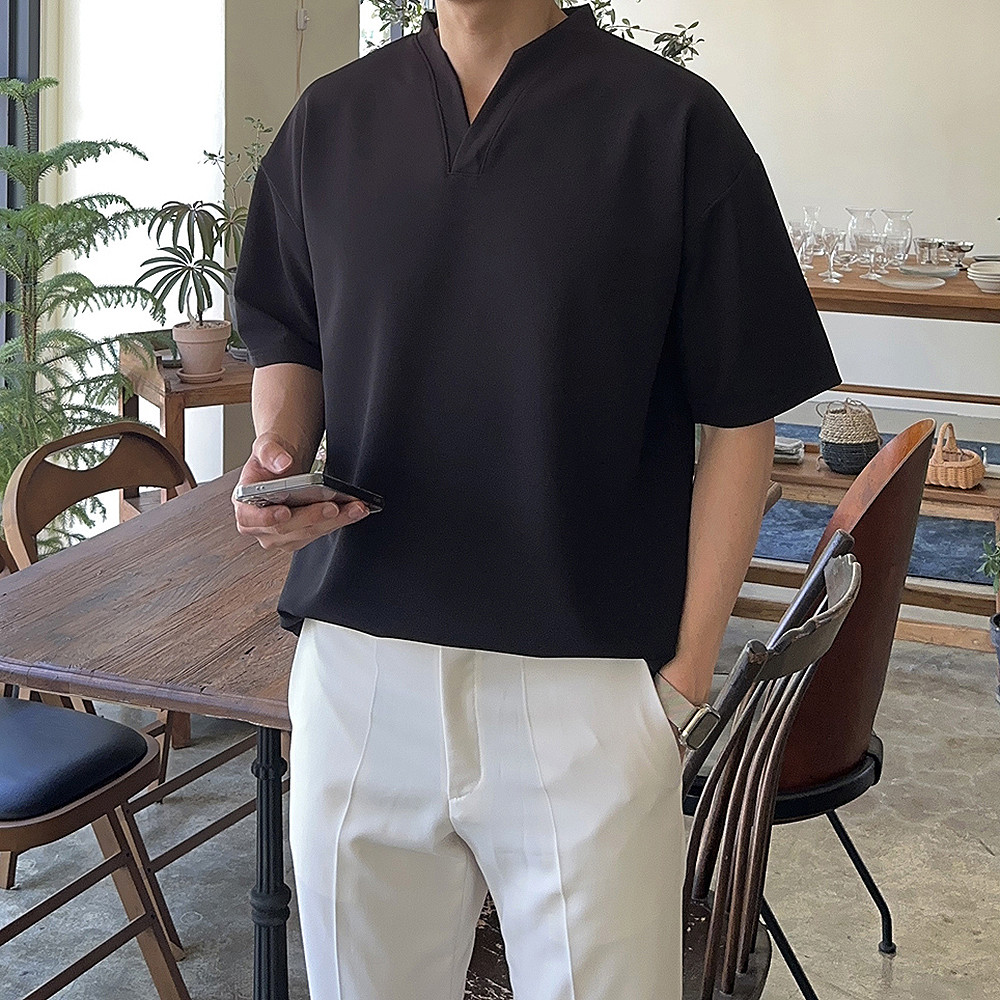 헨리넥 반팔 오버핏 무지 구김없는 브이넥 비침없는 빅사이즈 정장 남자 반팔 티셔츠 이미지 2