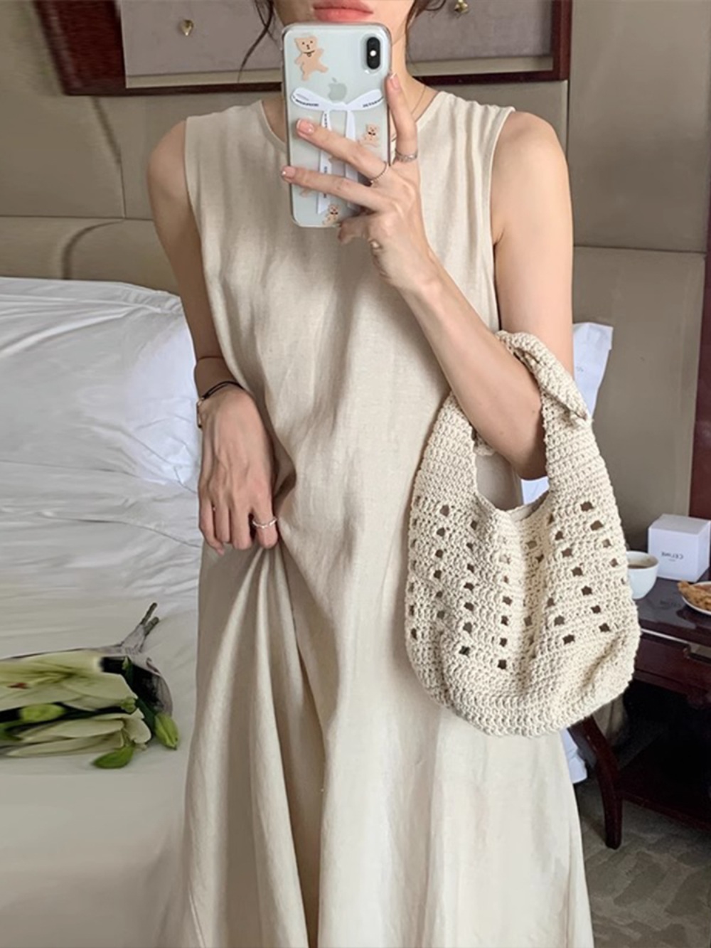 린넨 민소매 원피스 해변 뒷트임 심플 클래식 해변 휴가 여행 아이보리 블랙 - 상세 이미지 3