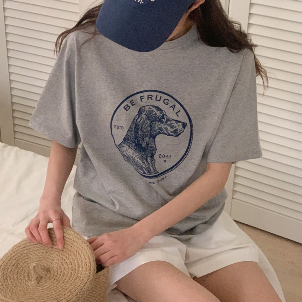 루즈핏 빈티지 퍼피 프린팅 티셔츠 레터링 여름 여성 티셔츠 면 라운드 여자 반팔티