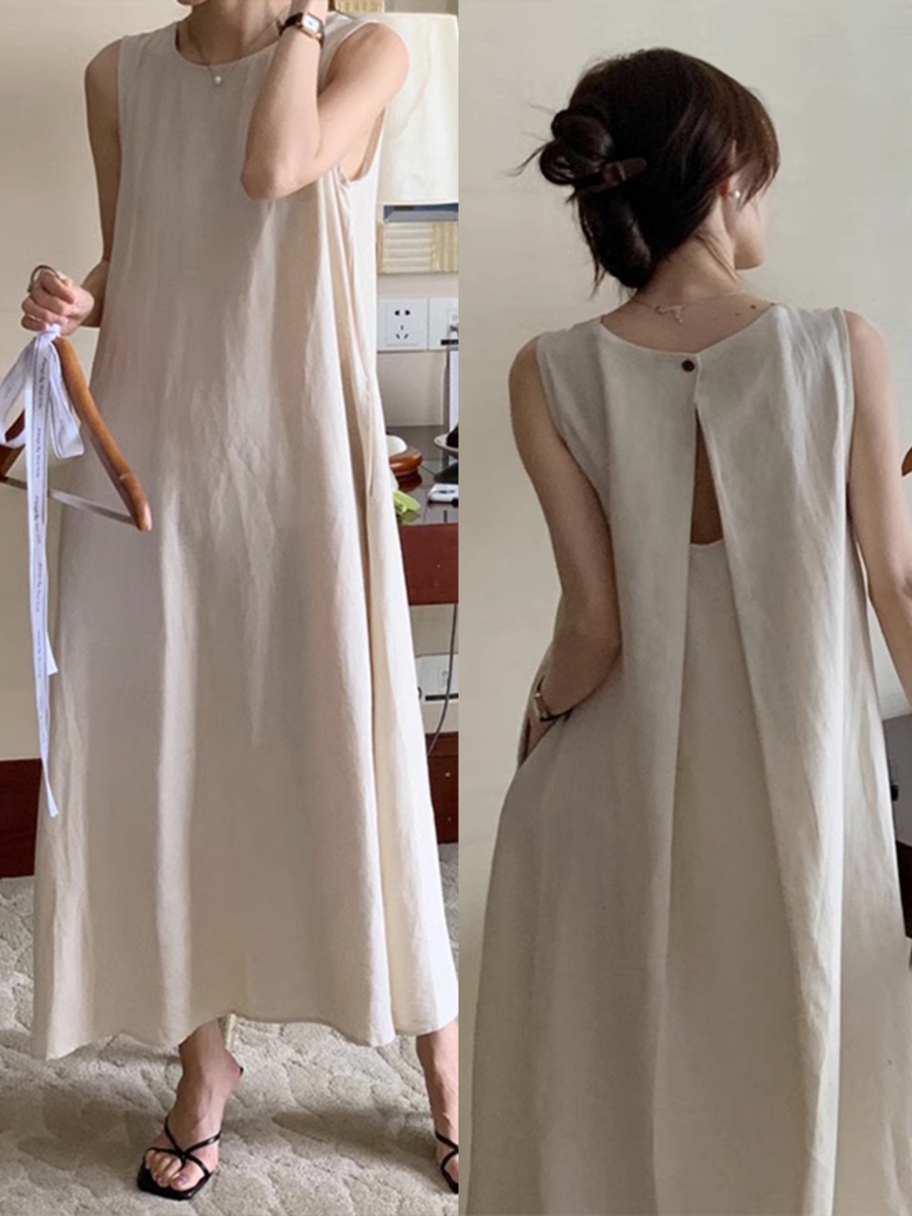 린넨 민소매 원피스 해변 뒷트임 심플 클래식 해변 휴가 여행 아이보리 블랙 - 상품 이미지