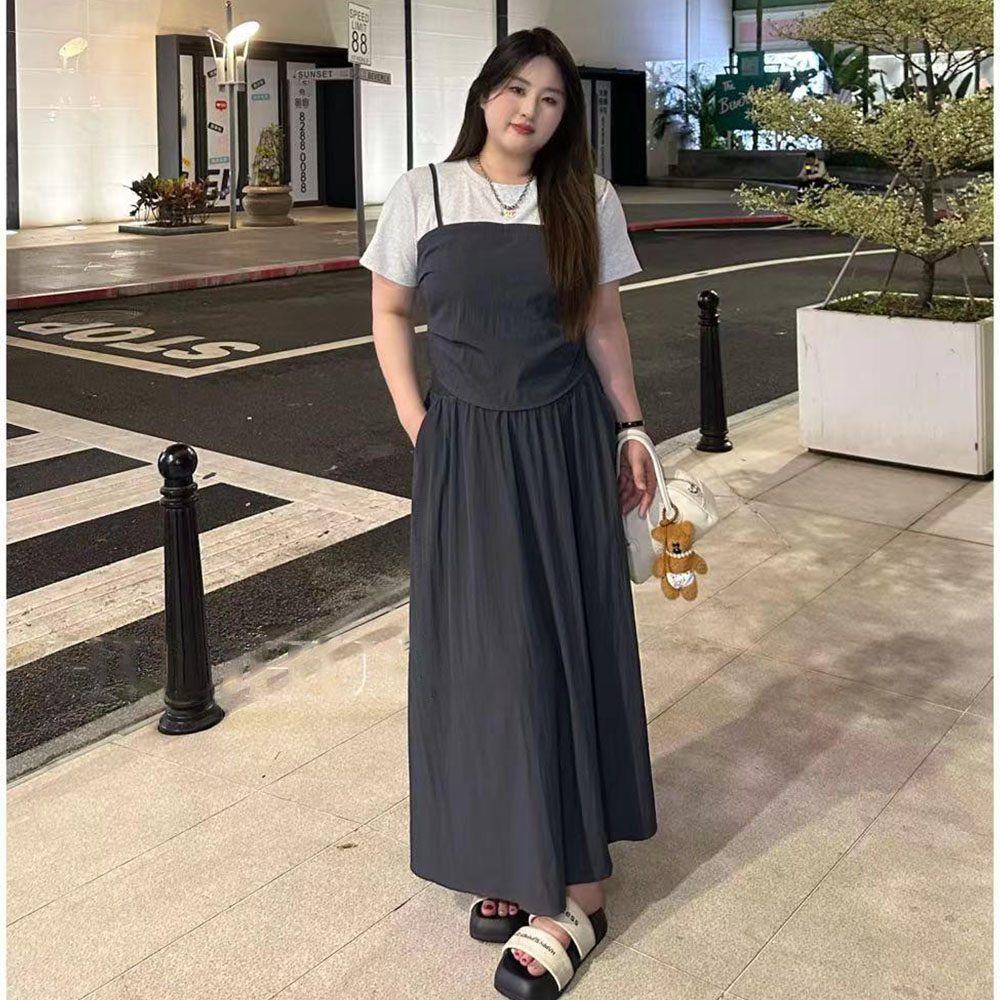 휴양지 원피스 페이크 레이어링 반팔티 스커트 세트 - 상품 이미지