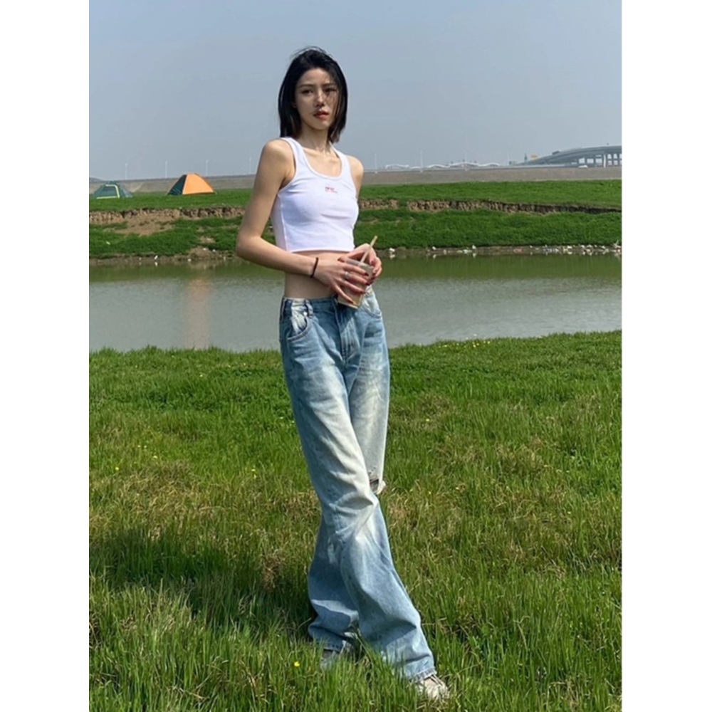 힙한 Y2K 데님팬츠 찢어진 스트릿 얇은 와이드 여자연예인 예능 패션 코디 봄 여름 - 상세 이미지 2