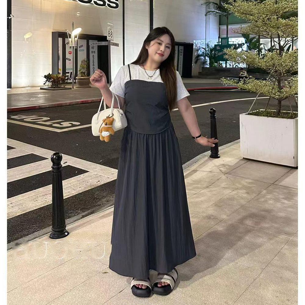 휴양지 원피스 페이크 레이어링 반팔티 스커트 세트 - 상세 이미지 4
