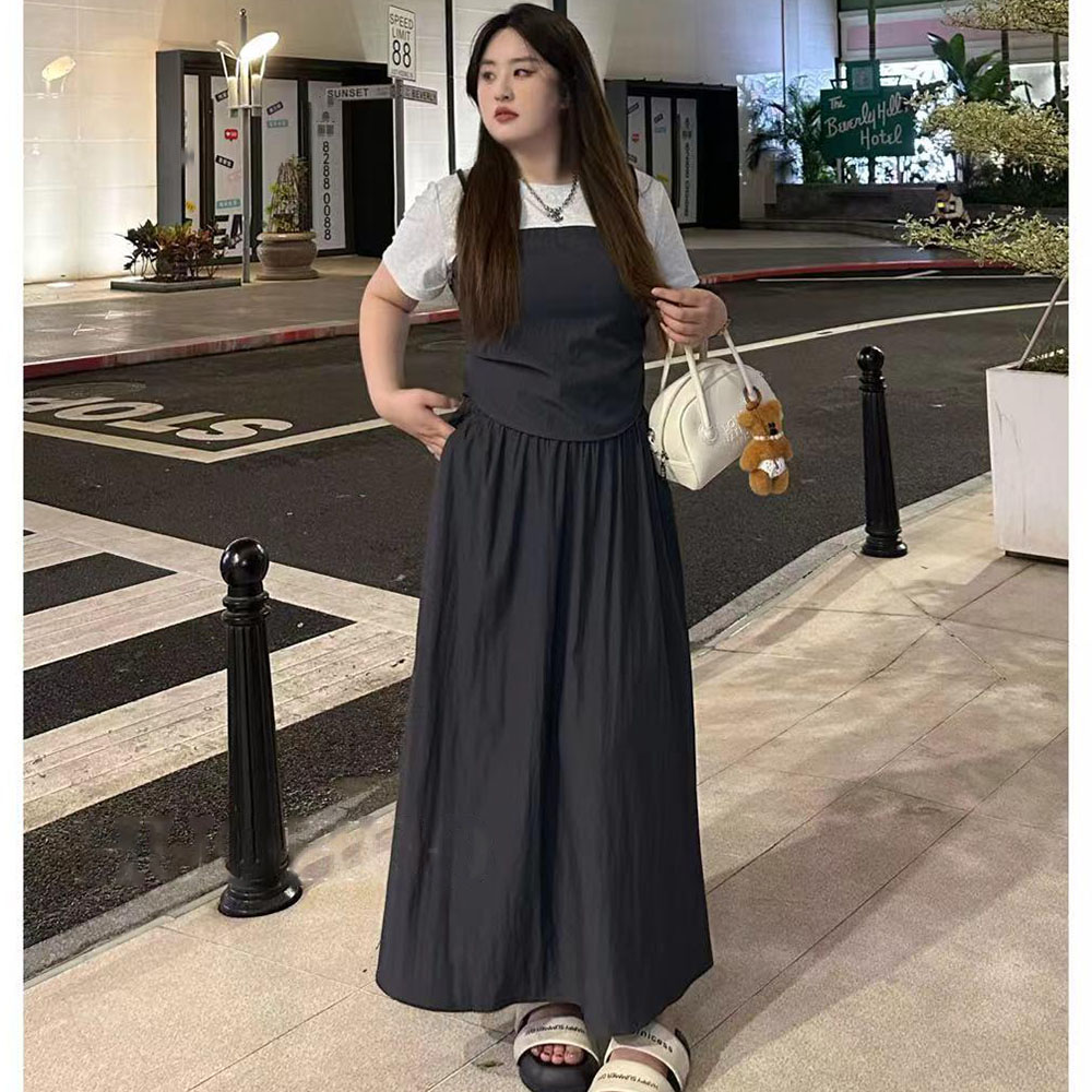 휴양지 원피스 페이크 레이어링 반팔티 스커트 세트 - 상세 이미지 3
