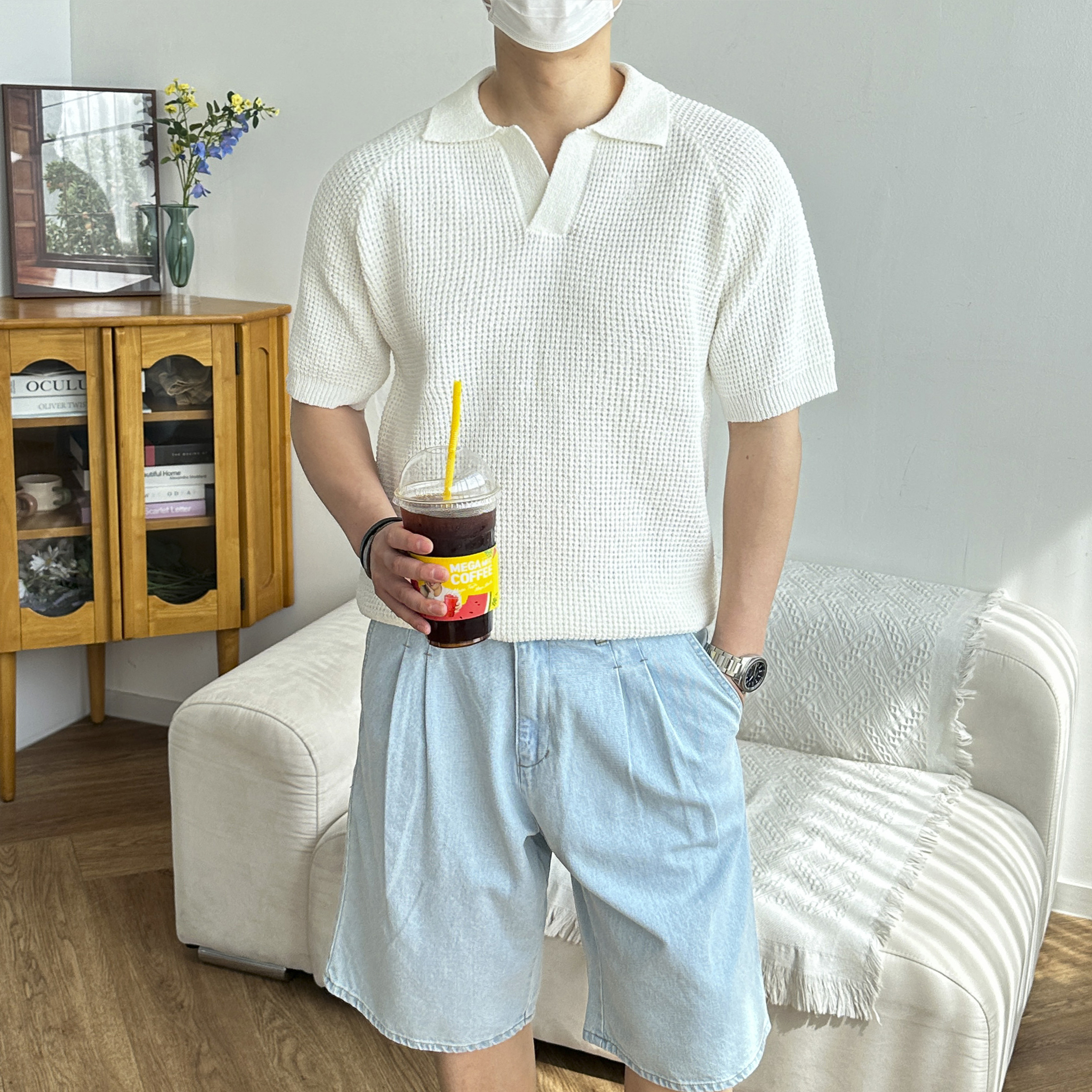 남자 고퀄리티 린넨 와플 펀칭 크로쉐 나그랑 여름 반팔 카라 니트 4color - 상품 이미지