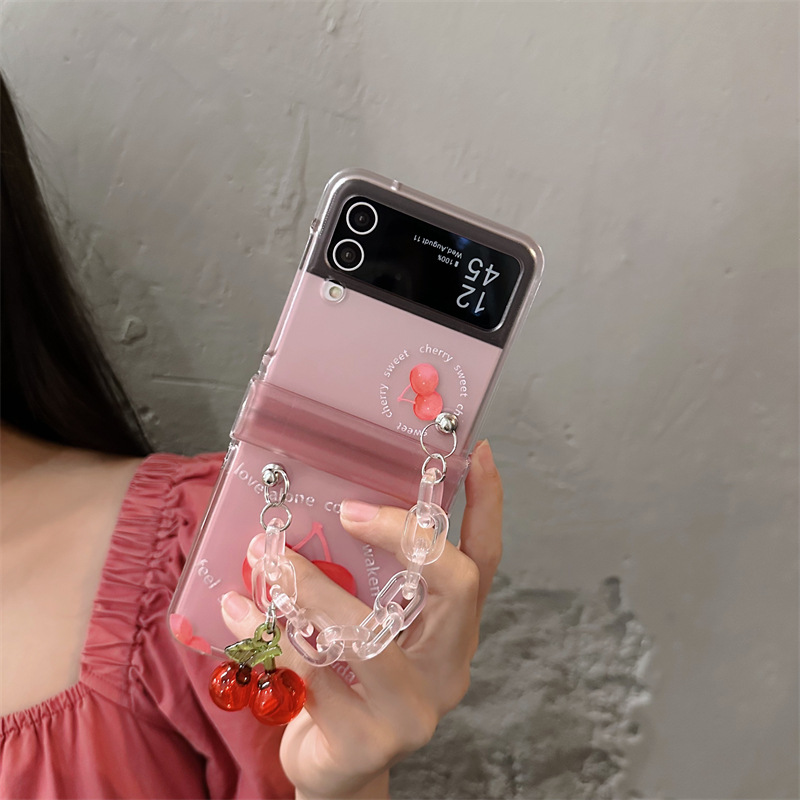 갤럭시 Z플립5 케이스 힌지보호 반투명 레드 체리 스트랩 하드폰케이스 이미지 8