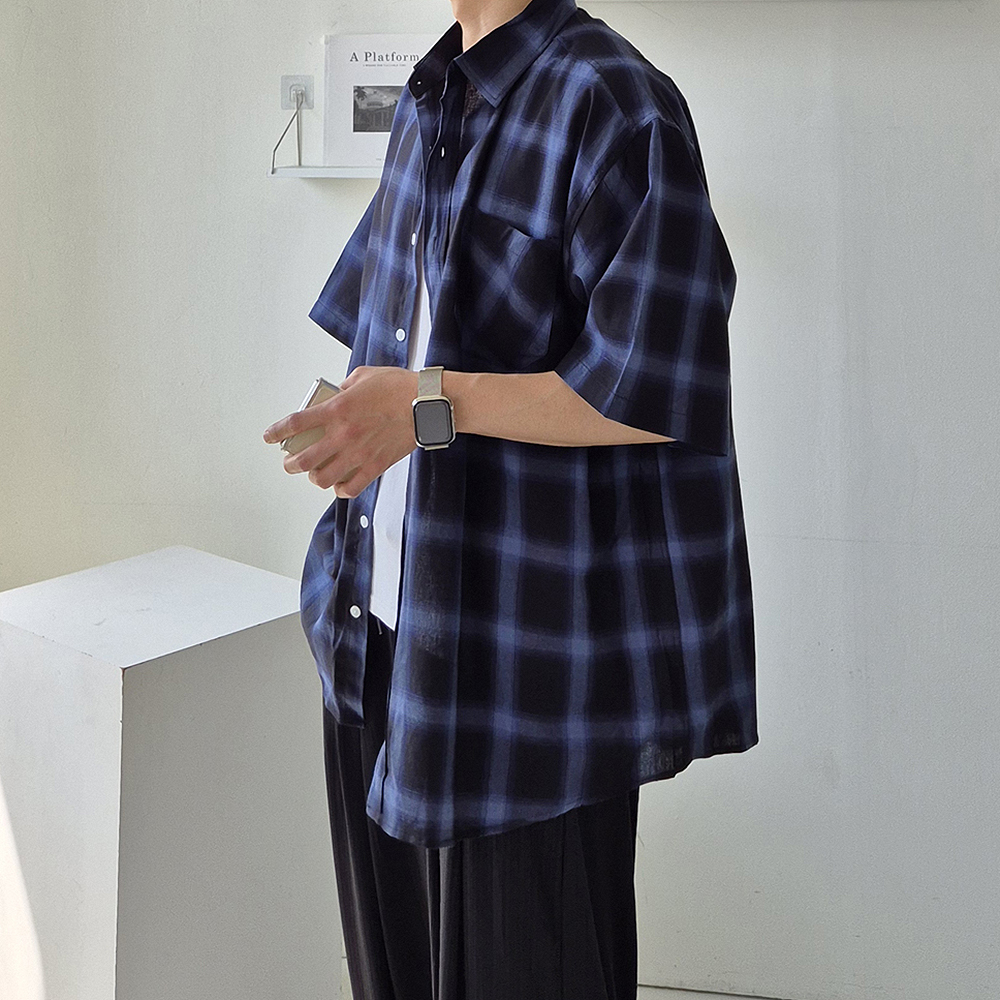 남자반팔셔츠 오버핏 체크 여름 커플 남방 남자 와이 셔츠 - 상세 이미지 2
