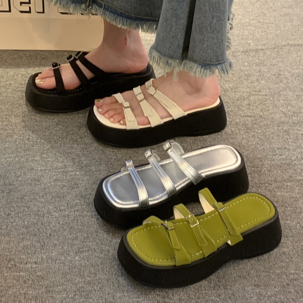 사각코 스트랩 샌들 슬리퍼 키높이 6cm 두꺼운 밑창 버클 3컬러 - 상품 이미지