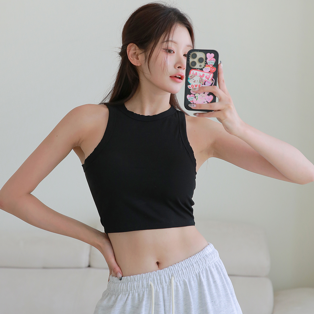 핑크앤다이아 캡내장 크롭나시 홀터넥탑 반폴라티셔츠 민소매 골지 - 상품 이미지