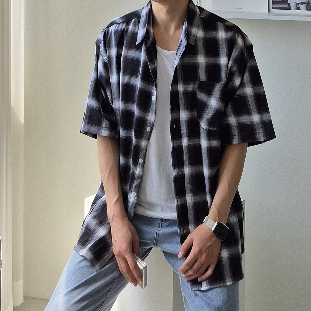 남자반팔셔츠 오버핏 체크 여름 커플 남방 남자 와이 셔츠
