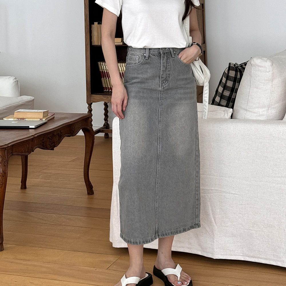 데님 빈티지 워싱 롱 H라인 맥시 스커트 흰색 청 치마 화이트 흑청 연청 - 상세 이미지 4