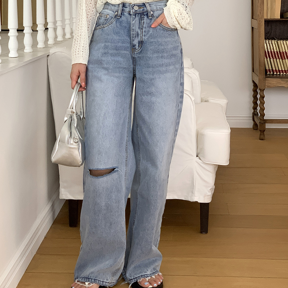 하이웨스트 세미와이드 데님팬츠 찢어진 여자 청바지 통청바지 여성와이드청바지 연청바지 찢청