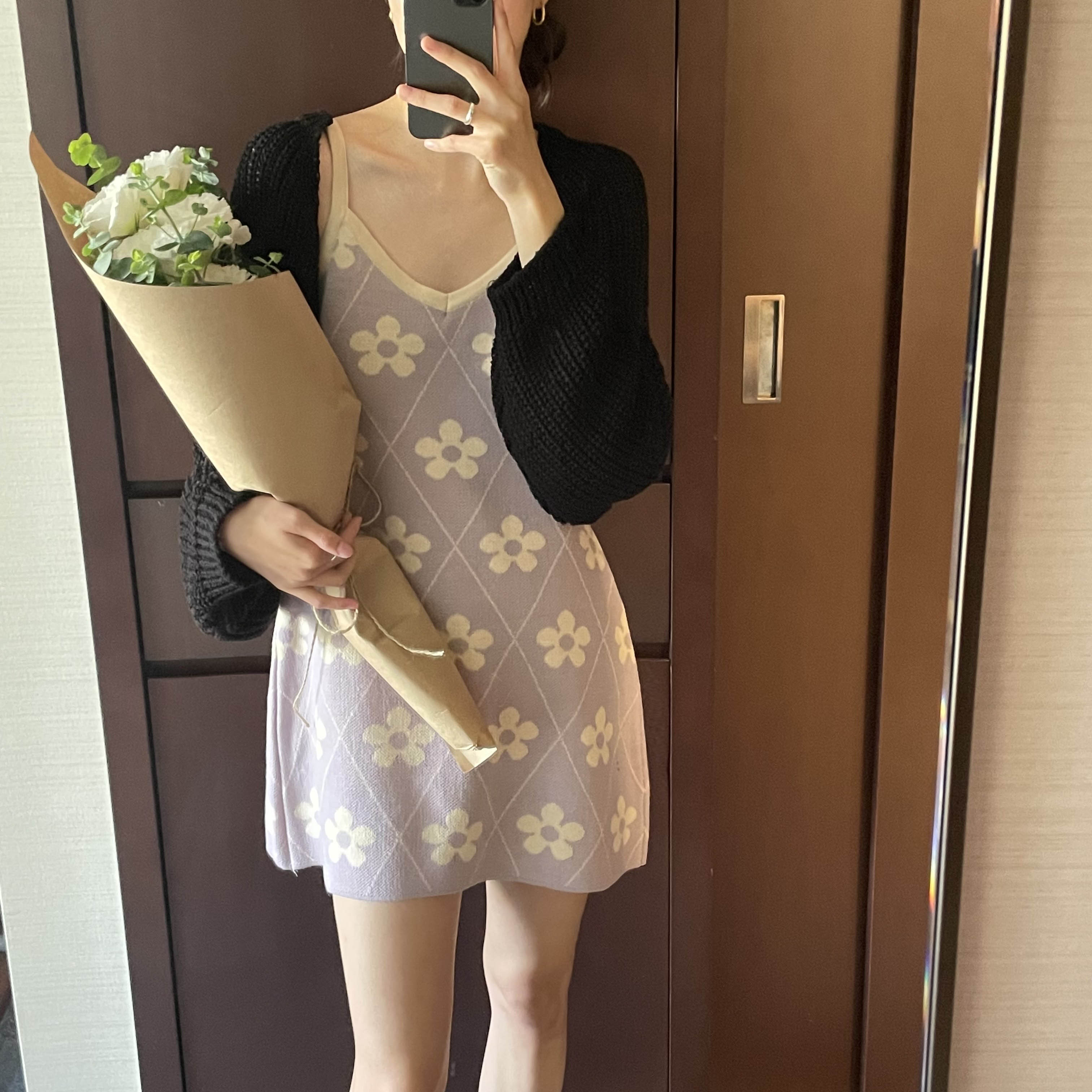 헬로 플라워 브이넥 민소매 숏 미니 여름 레이어드 플라워 패턴 니트 원피스(바이올렛,스카이블루,네이비) - 상세 이미지 5