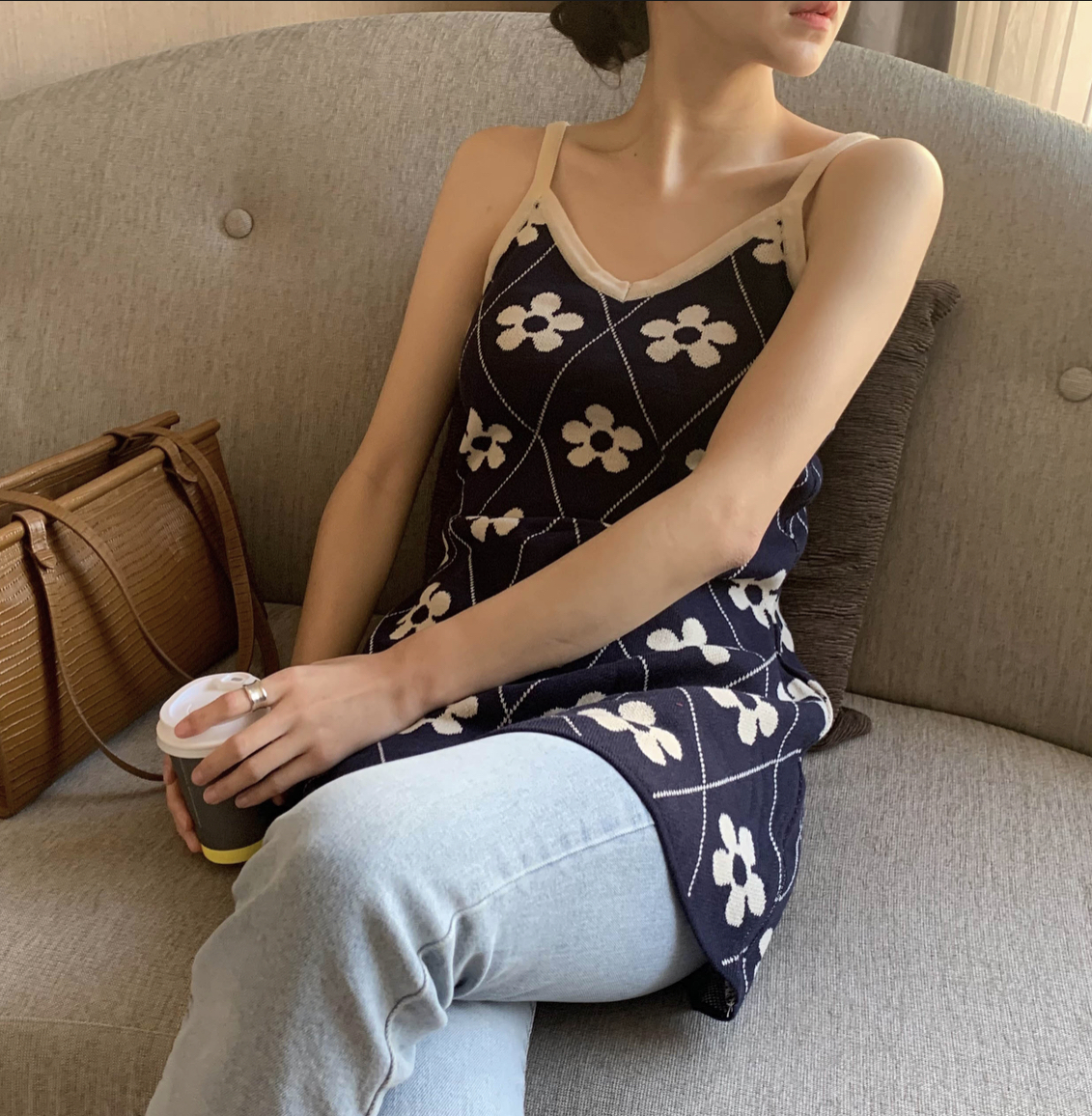 헬로 플라워 브이넥 민소매 숏 미니 여름 레이어드 플라워 패턴 니트 원피스(바이올렛,스카이블루,네이비)