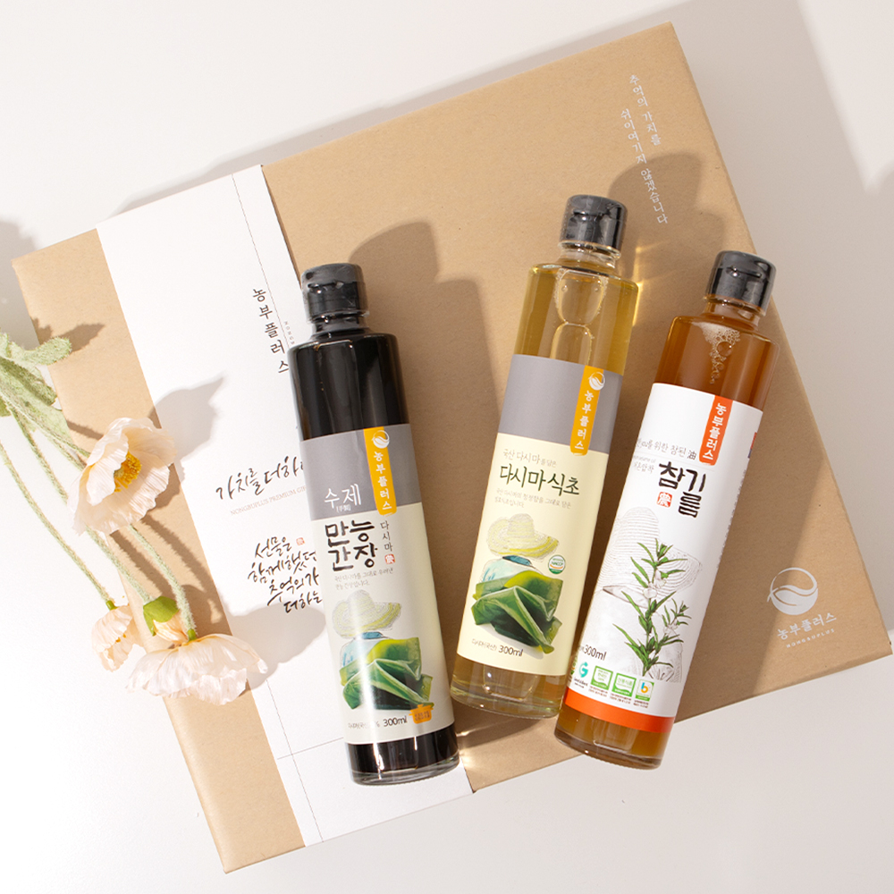 다시마간장 다시마식초 국산 저온압착 참기름 300ml 3병선물세트 농부플러스 - 상세 이미지 4