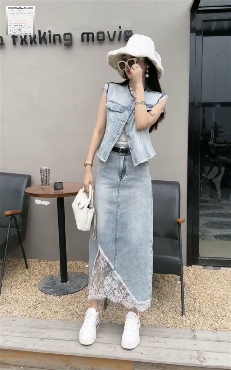 레이스 청치마 레이어드 여성 롱 데님 스커트 - 상세 이미지 5