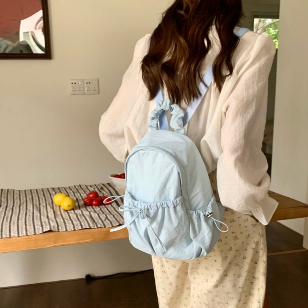 리본 미니 백팩 나일론 스트링 발레코어룩 데일리 인스타패션 귀여운 블루 아이보리 - 상품 이미지