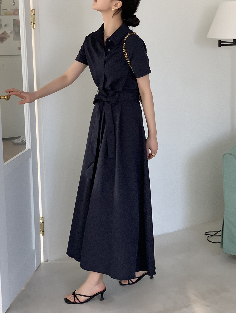 필립 카라넥 봄 여름 셔츠 허리끈 벨트 A라인 플레어 하객룩 맥시 롱 원피스