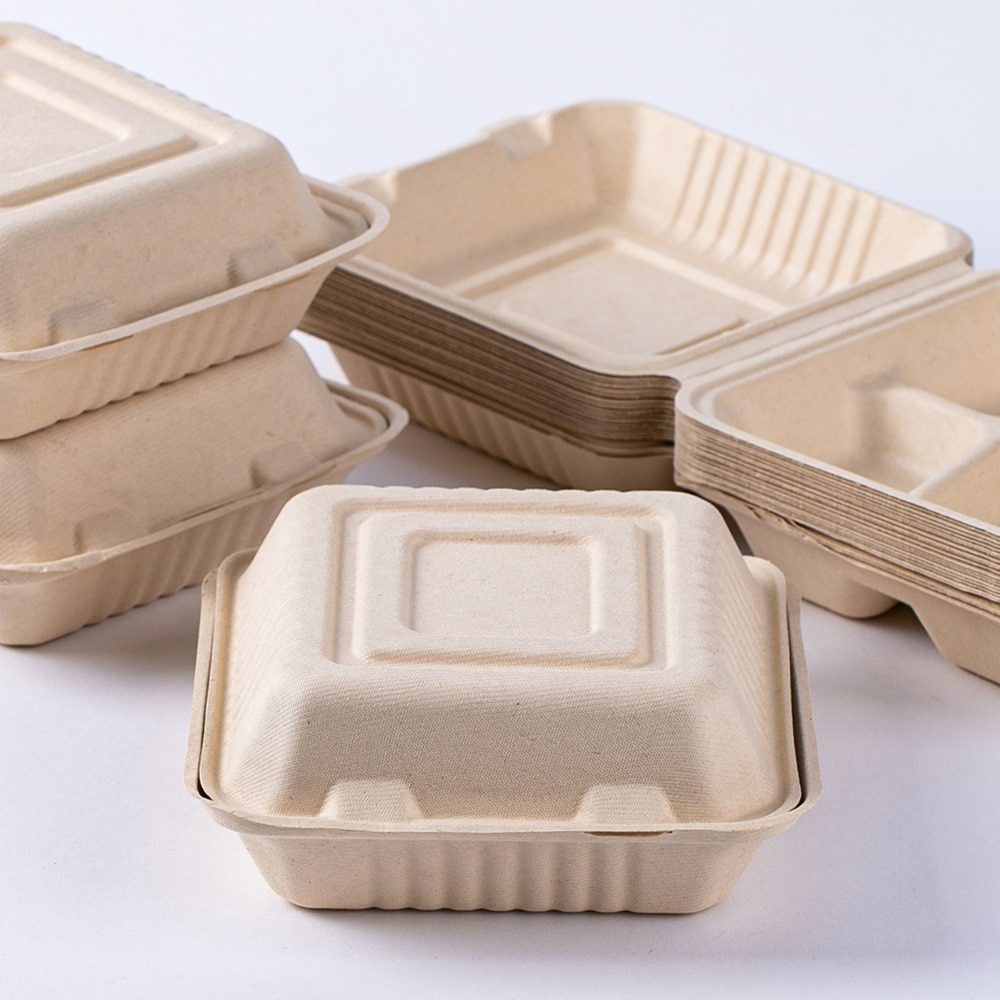 Q 고급 펄프용기 일회용 펄프도시락 사각 햄버거 김밥 샐러드 데미아 50개입 (베이지) 이미지 7