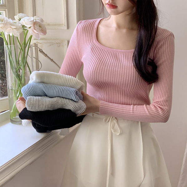 메이디 스퀘어넥 골지 긴팔 티셔츠 ts4080 - 상품 이미지