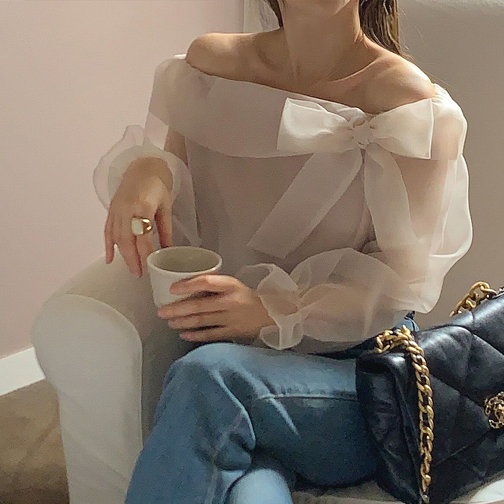 우아한 오간자블라우스 시스루 리본블라우스 오프숄더 - 상세 이미지 2