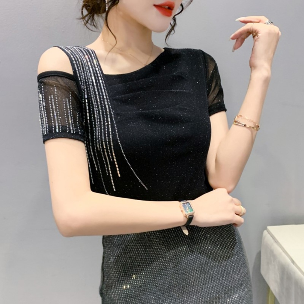 메쉬 댄스복 티셔츠 반짝이 큐빅 오프숄더 스포츠 공연 연습 화려한 블랙 블루 - 상세 이미지 2