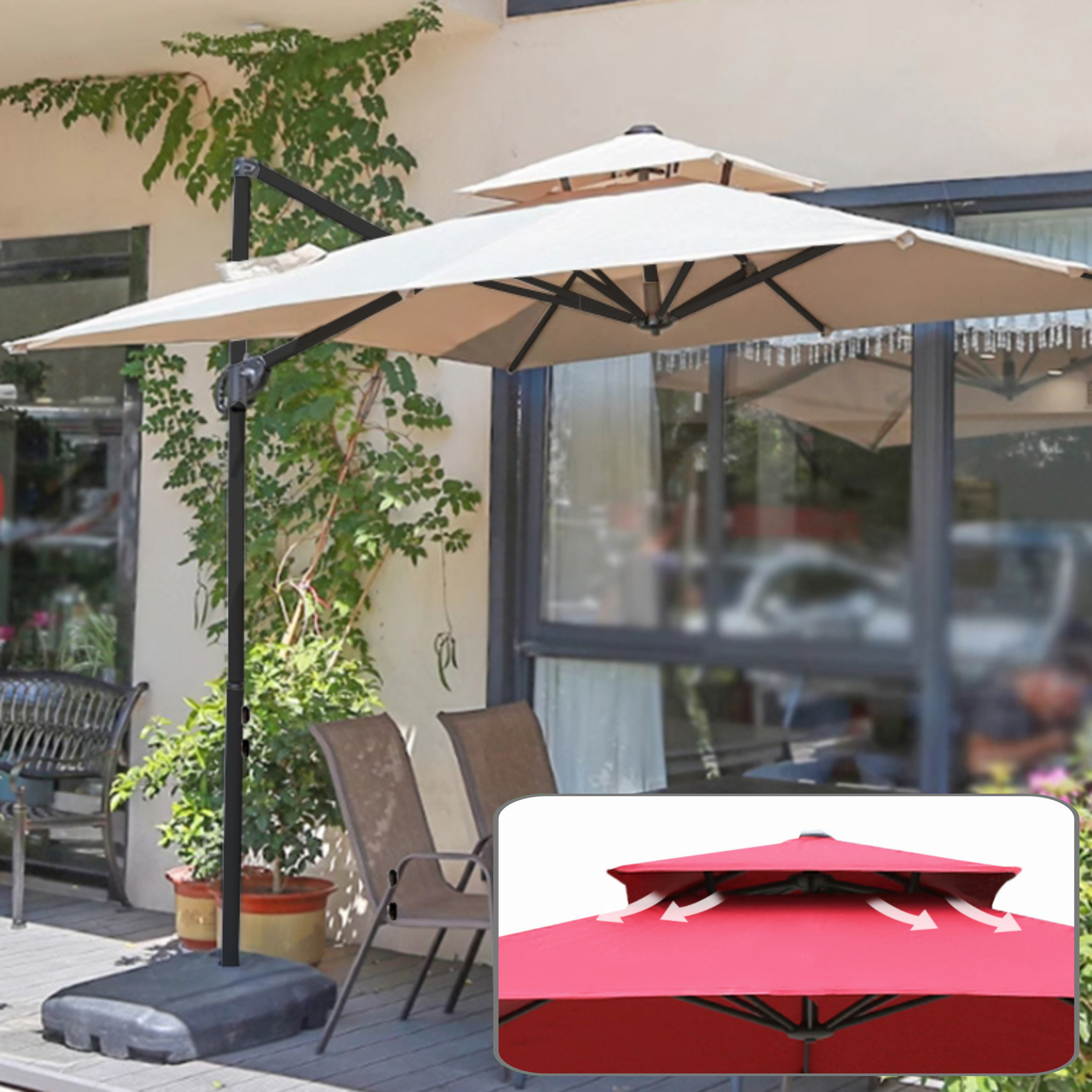 2중지붕 사각파리솔 세트 야외 옥상 정원 대형파라솔 테라스 카페 2.5m