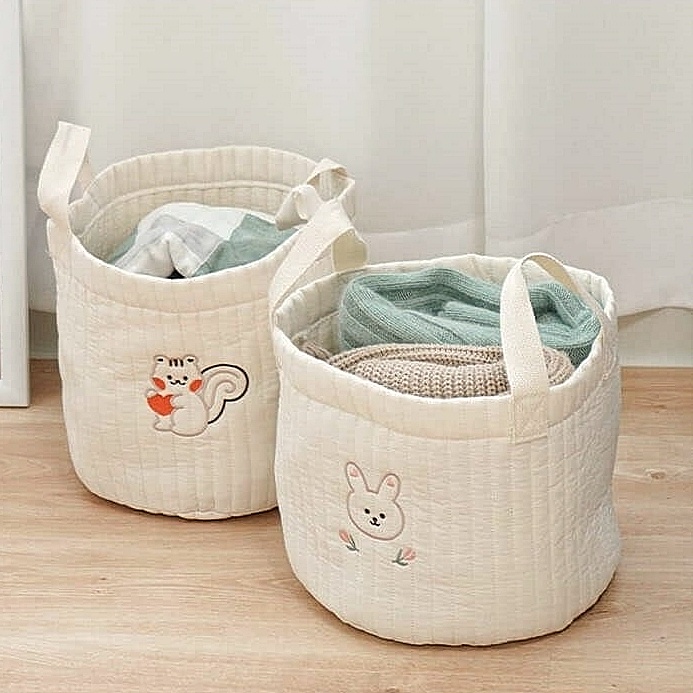 재니쓰홈 누빔 패브릭 바구니 아기 기저귀 보관함 장난감 정리 아기용품 수납함 원형 수납