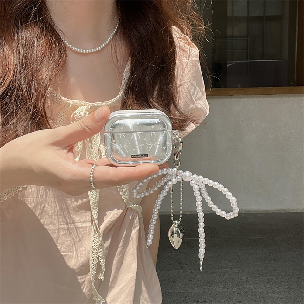 에어팟 프로2세대 케이스 홀로그램 실버 왕리본 키링세트