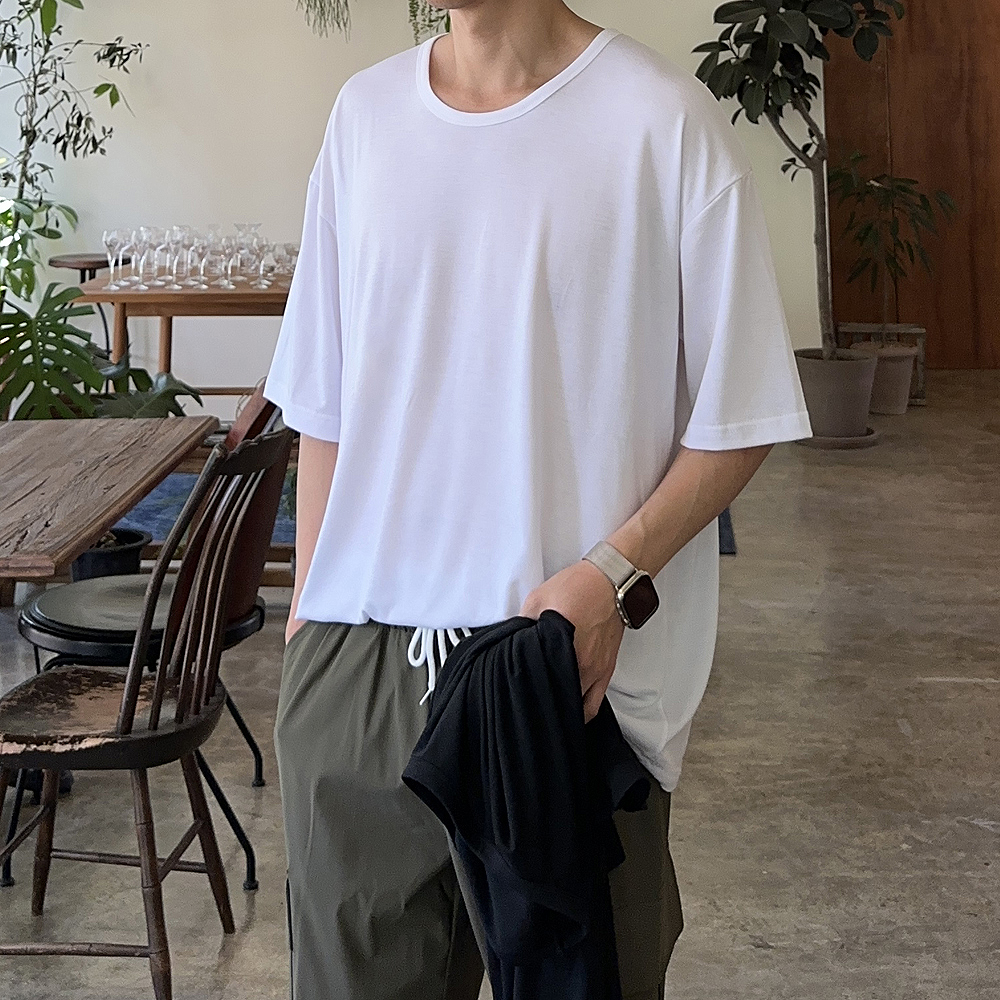남자 오버핏 반팔티 실켓 유넥 여름 쿨 머슬핏 남성 반팔티 - 상세 이미지 2