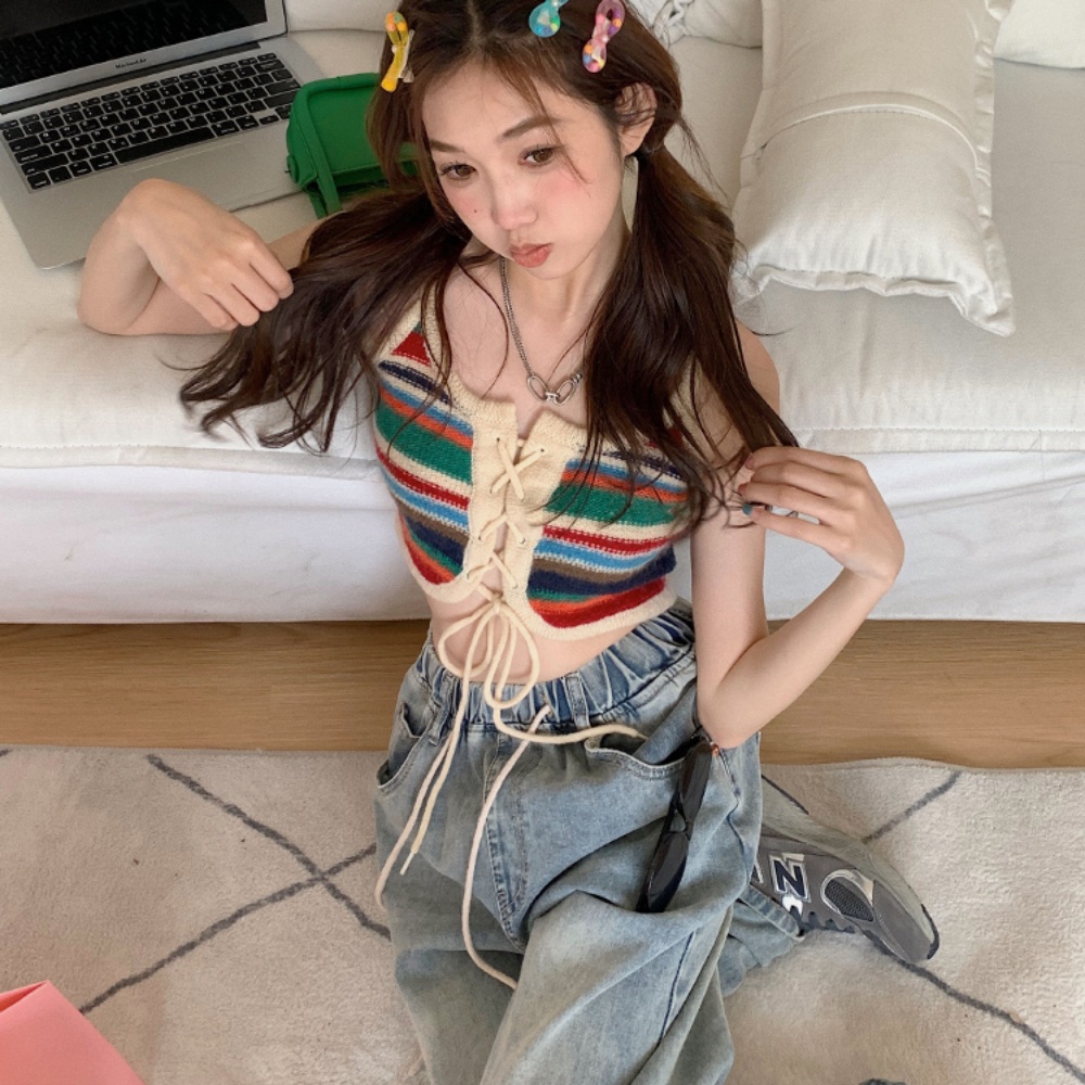 스트랩 스트라이프 나시 레인보우 이너 뜨개질 캐미솔 페스티벌룩 핫걸 민소매 크롭탑 - 상세 이미지 2