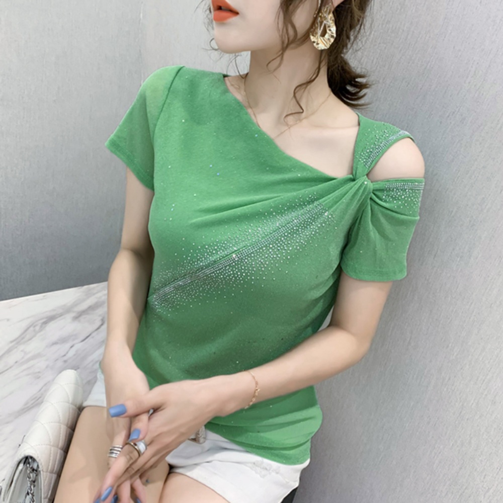 메쉬 댄스복 티셔츠 반팔 큐빅 줌바 공연 연습 오프숄더 반짝이 펄 디자인 빅사이즈 3컬러 - 상세 이미지 2