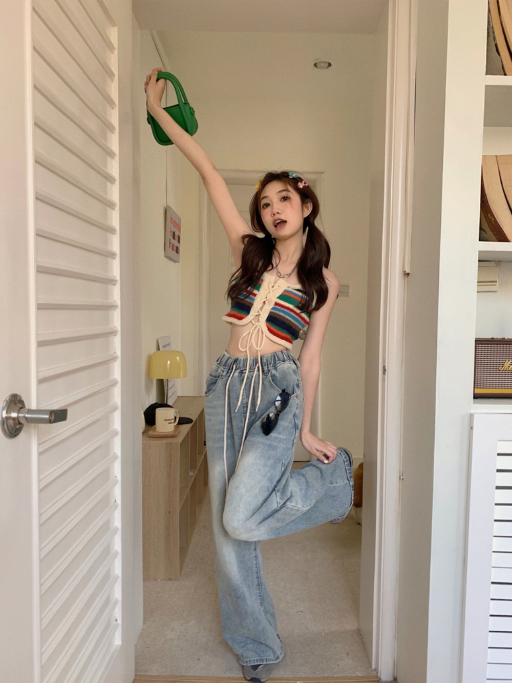 스트랩 스트라이프 나시 레인보우 이너 뜨개질 캐미솔 페스티벌룩 핫걸 민소매 크롭탑 - 상세 이미지 3