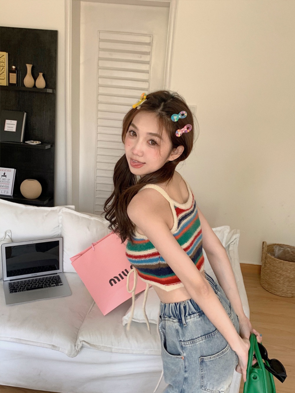 스트랩 스트라이프 나시 레인보우 이너 뜨개질 캐미솔 페스티벌룩 핫걸 민소매 크롭탑 - 상세 이미지 4