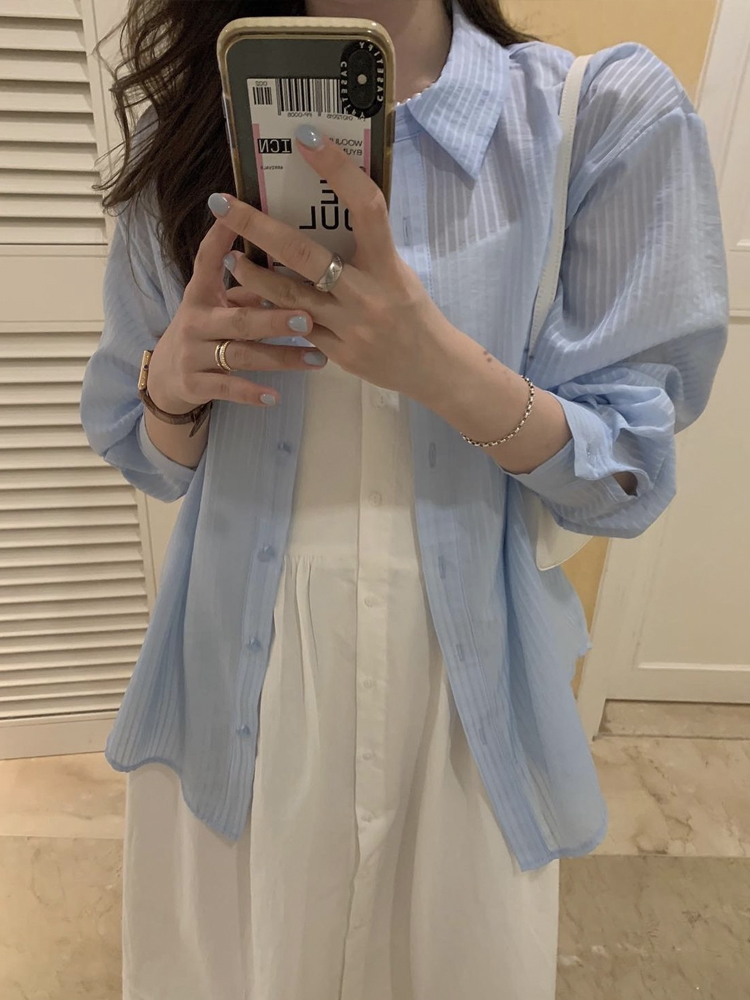루즈핏 여자 스트라이프 셔츠 여성남방 썸머남방 긴팔 우먼여름셔츠 소라색 - 상세 이미지 2