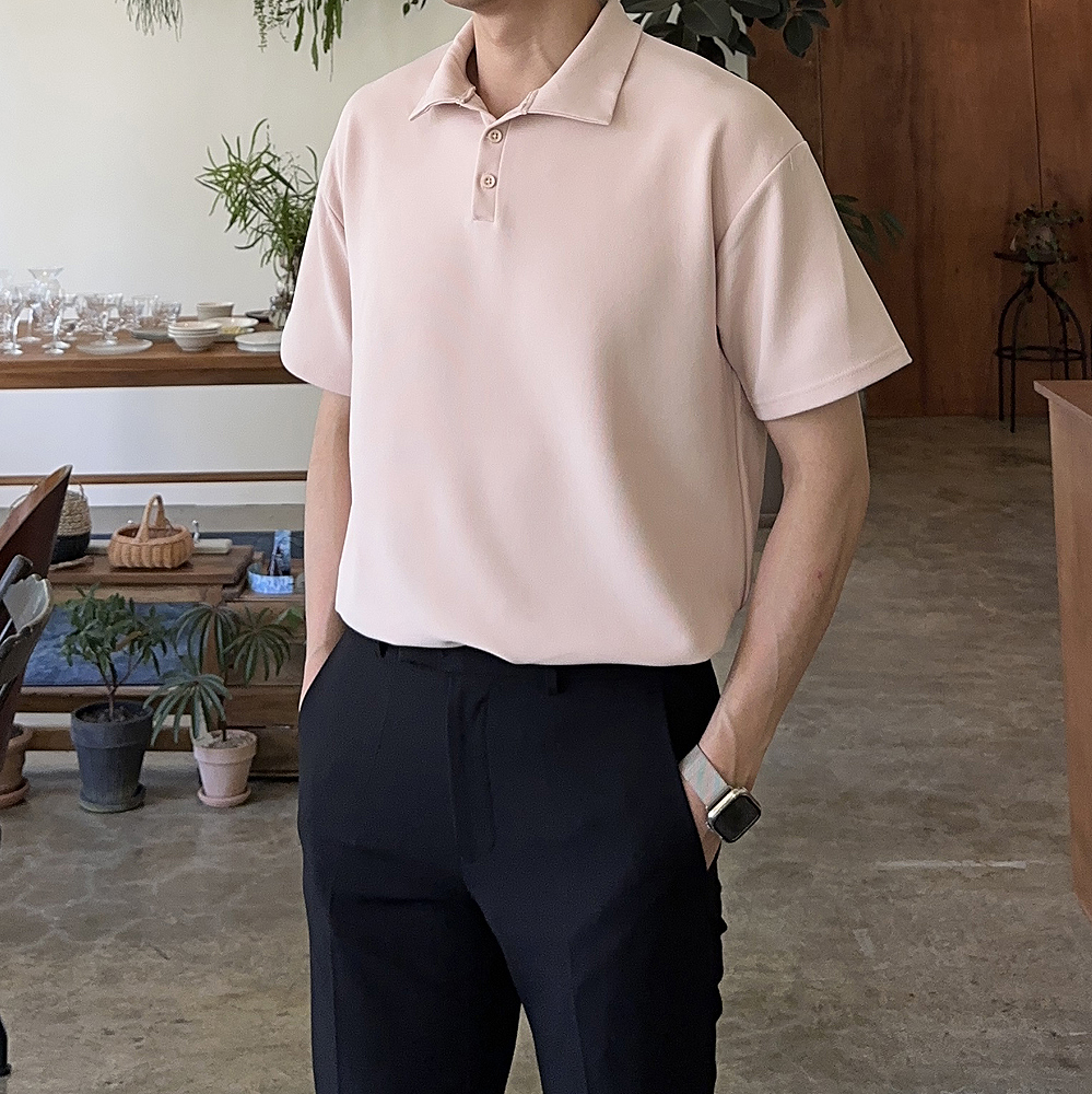 남자 반팔 카라 티셔츠 오버핏 오픈카라 구김없는 남성 헨리넥 반팔 - 상품 이미지