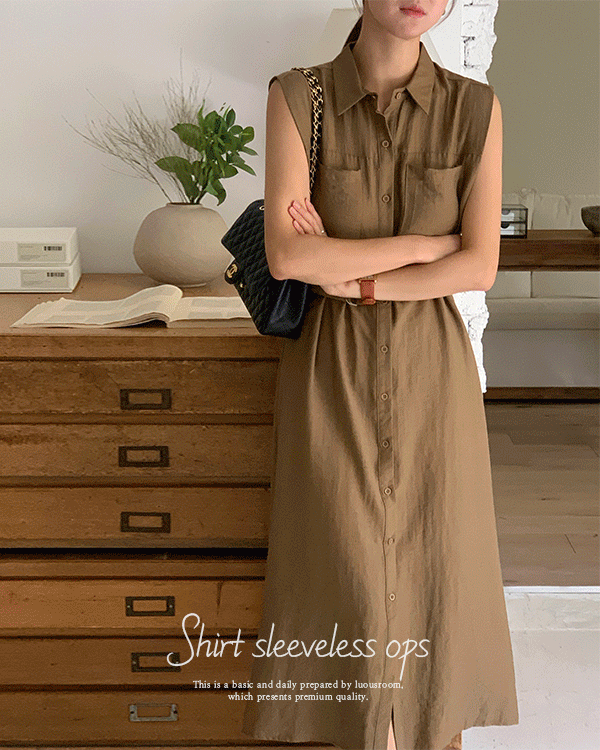 루나 벨트SET 린넨 카라넥 민소매 포켓 버튼 하객룩 셔츠 벨트 롱 원피스(3color)