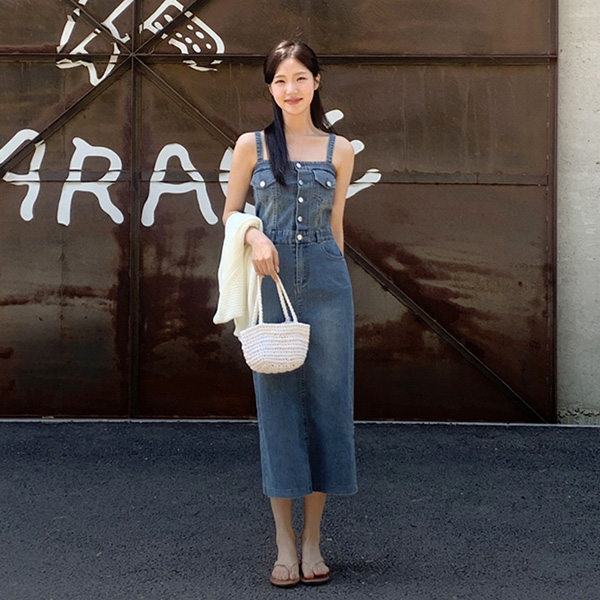 (뒷밴딩꾸안꾸페스티벌) 헌티 버튼 플랩포켓 롱 워싱 데님 나시 원피스 op15785