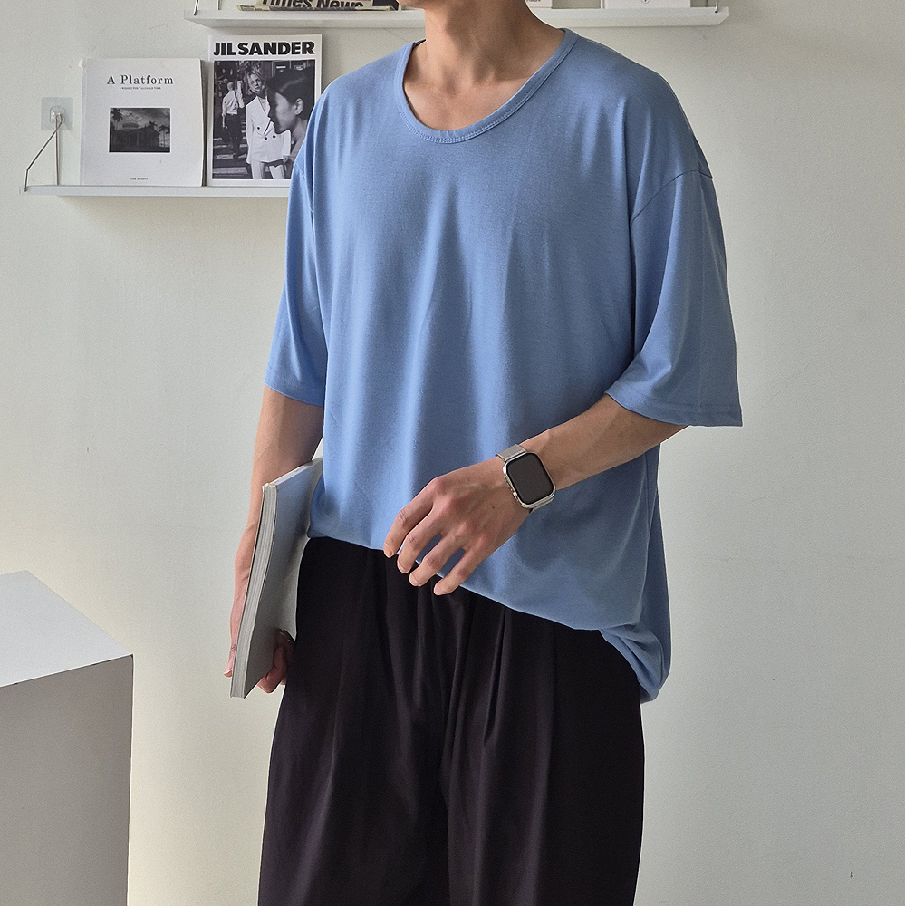 1+1 남자 반팔티 U넥 유넥 오버핏 실켓 여름 쿨링 티셔츠 - 상세 이미지 5