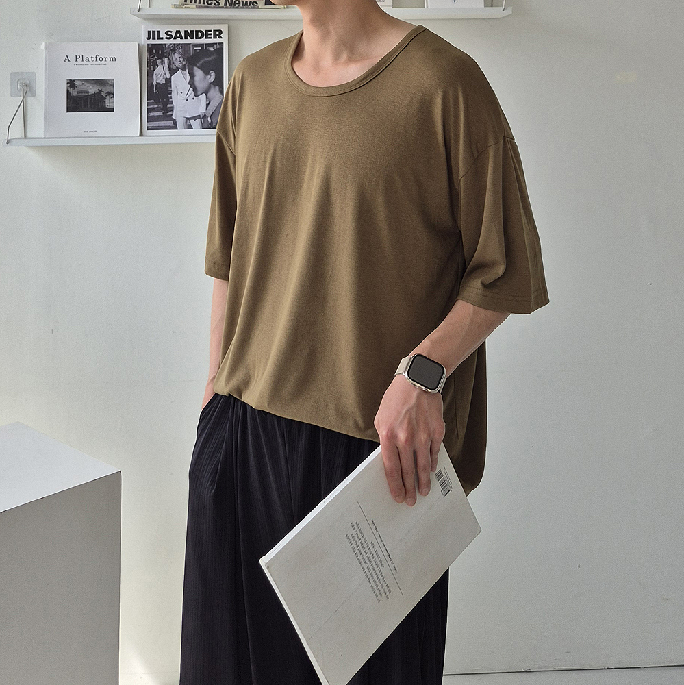 1+1 남자 반팔티 U넥 유넥 오버핏 실켓 여름 쿨링 티셔츠 - 상세 이미지 3