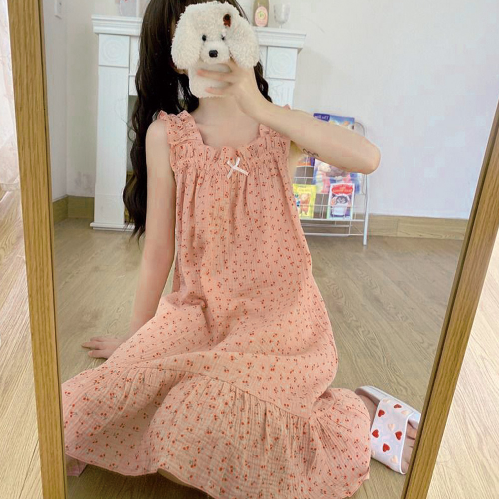 여름 시원한 체리 원피스 민소매 프릴 잠옷 - 상세 이미지 5