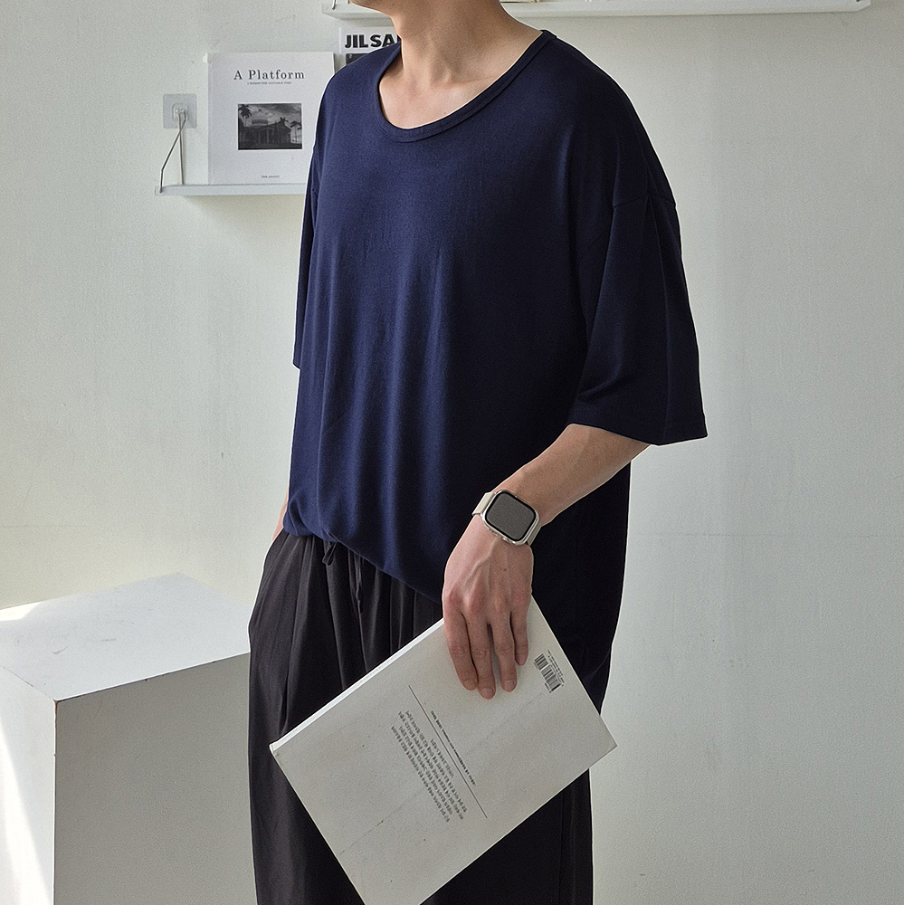 1+1 남자 반팔티 U넥 유넥 오버핏 실켓 여름 쿨링 티셔츠 - 상세 이미지 4