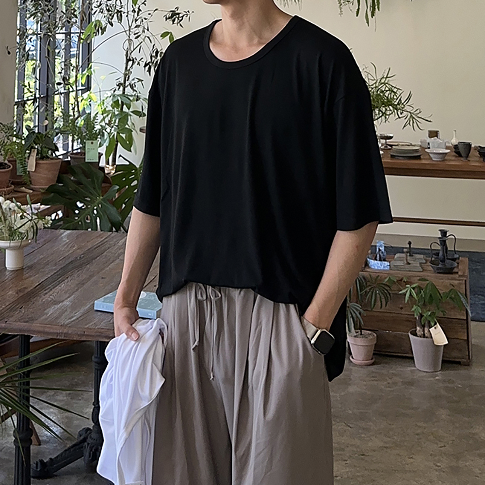 1+1 남자 유넥 반팔티 여름 레이어드 이너 오버핏 티셔츠 - 상세 이미지 3