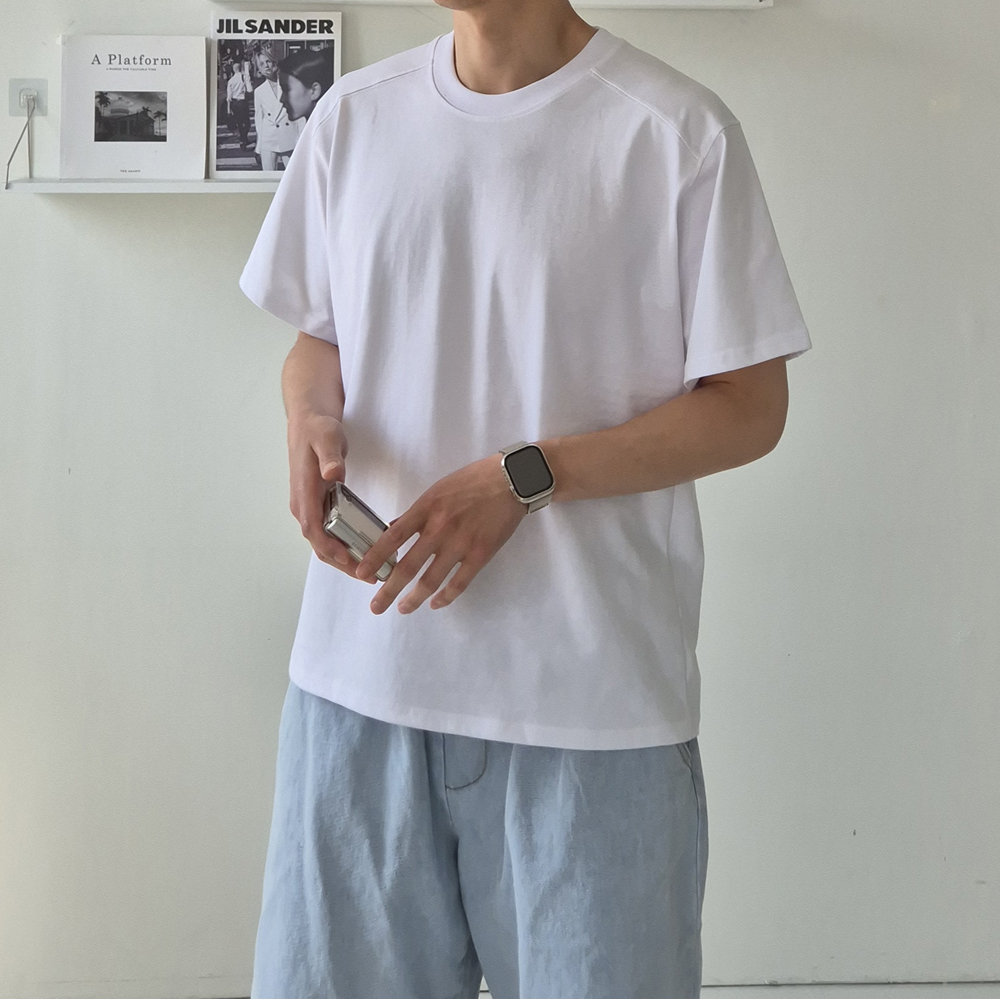 남자 반팔티 오버핏 절개 빅사이즈 20수 무지 이너 반팔 티셔츠 - 메인 이미지