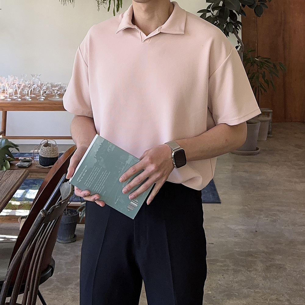 남자 반팔티 오버핏 구김없는 헨리넥 단추 반팔 남성 카라티