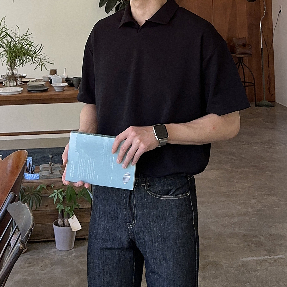 남자 반팔티 오버핏 구김없는 헨리넥 단추 반팔 남성 카라티 - 상세 이미지 5