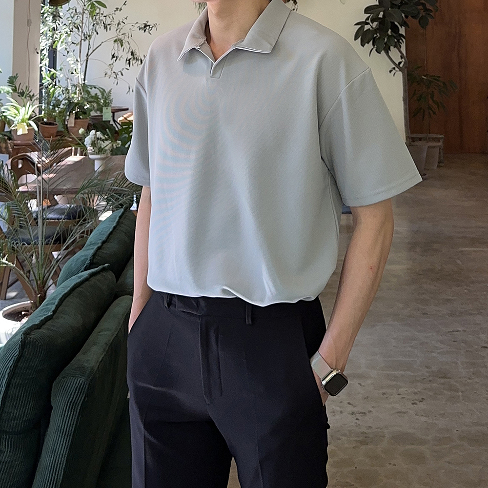 남자 반팔티 오버핏 구김없는 헨리넥 단추 반팔 남성 카라티 - 상세 이미지 2