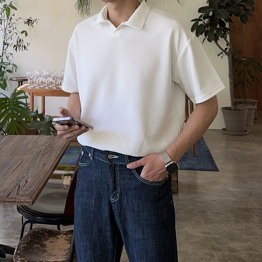 남자 반팔티 오버핏 구김없는 헨리넥 단추 반팔 남성 카라티 - 상세 이미지 3